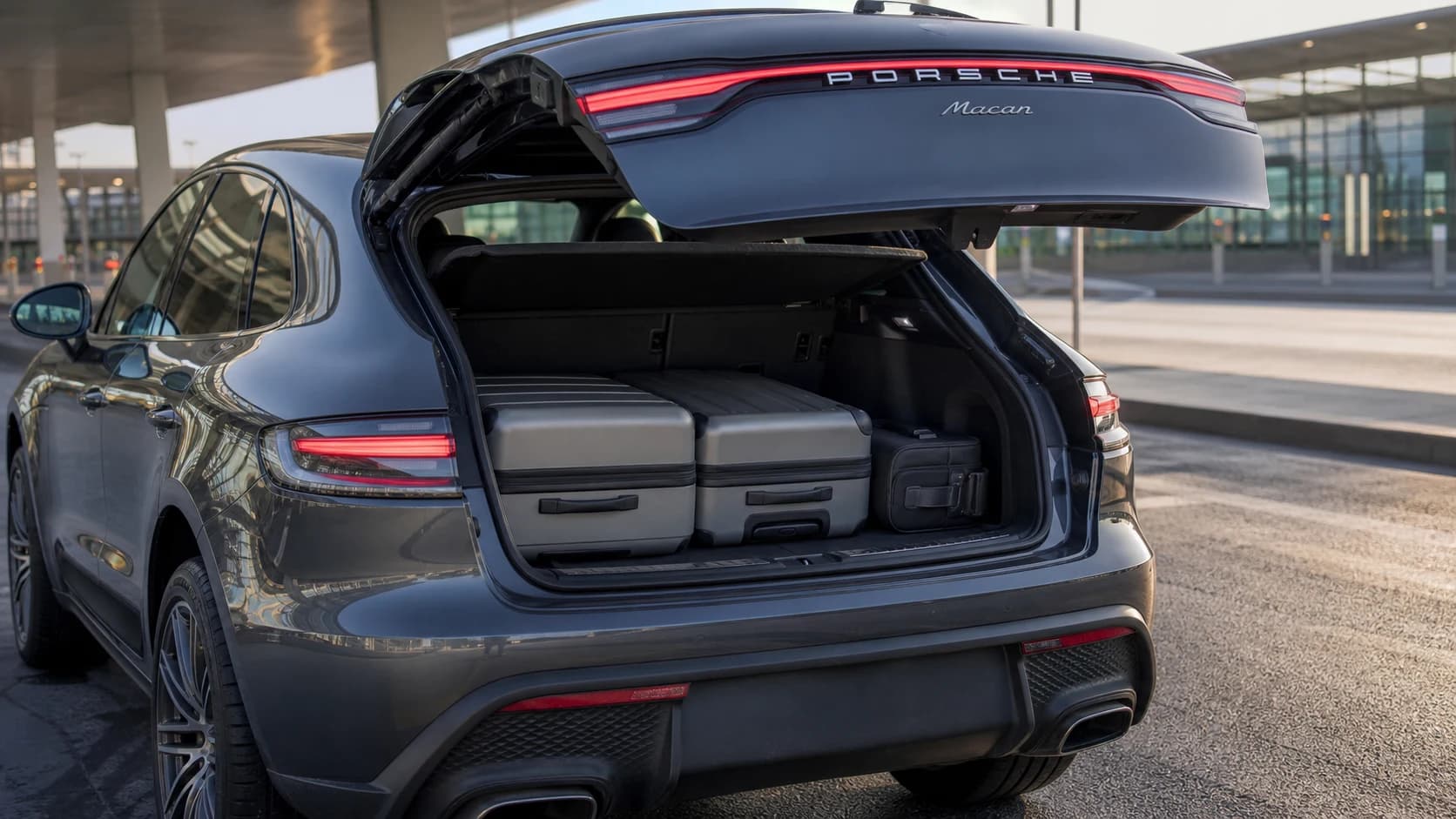 Porsche Macan with luggage near an airport