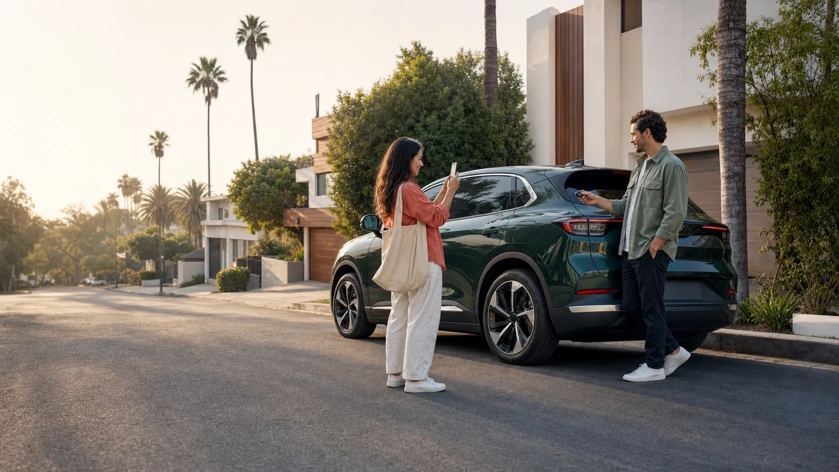 A host and guest documenting a vehicle handoff on a Los Angeles street